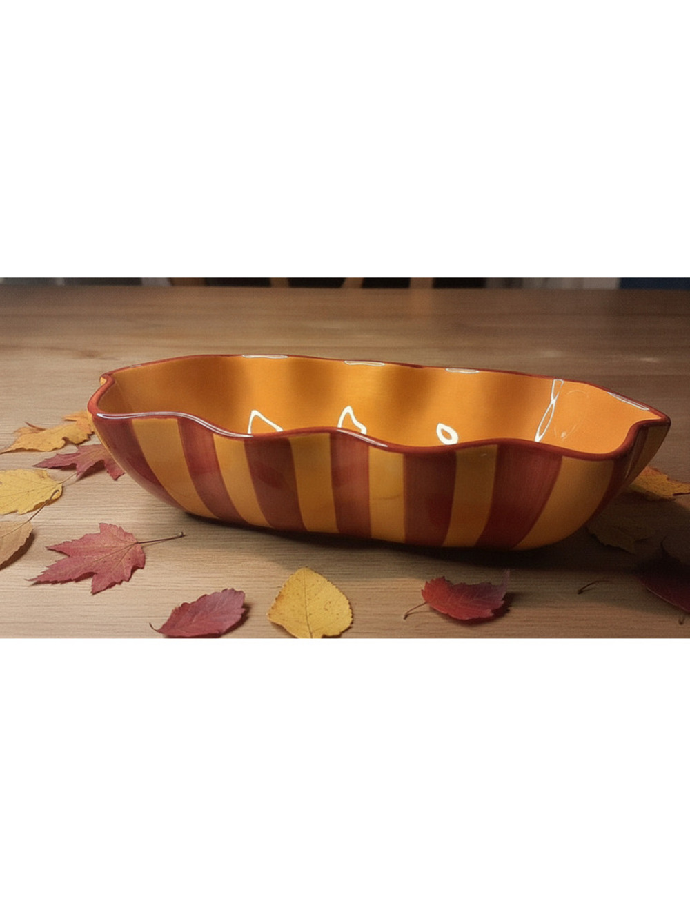 Gail Pittman Hand-Painted Fall Halloween Sienna Ruffled Oval Bowl Stripes 10.75"